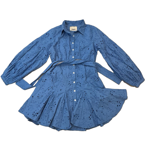 CHUFY Women Medium Dress Ushi 100% Cotton Poplin Long Sleeve Eyelet Mini Blue